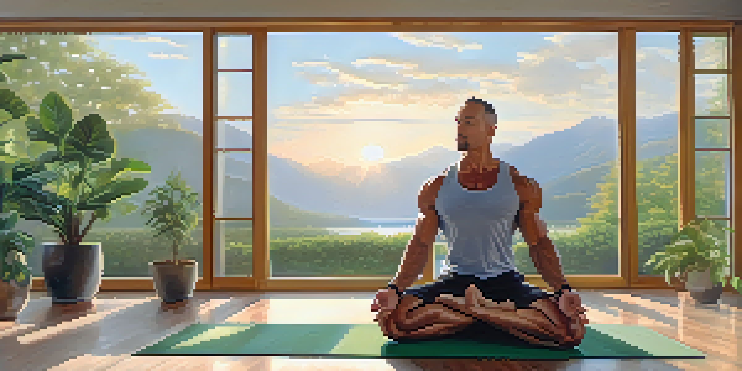 A bodybuilder meditating on a yoga mat in a peaceful gym with natural light and plants.