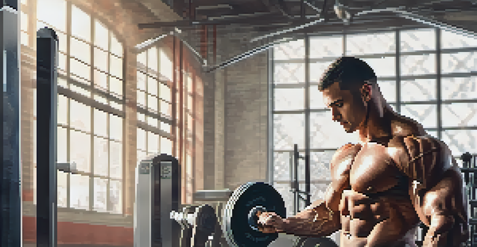 A bodybuilder looking at a DNA test report in a gym, surrounded by fitness equipment.