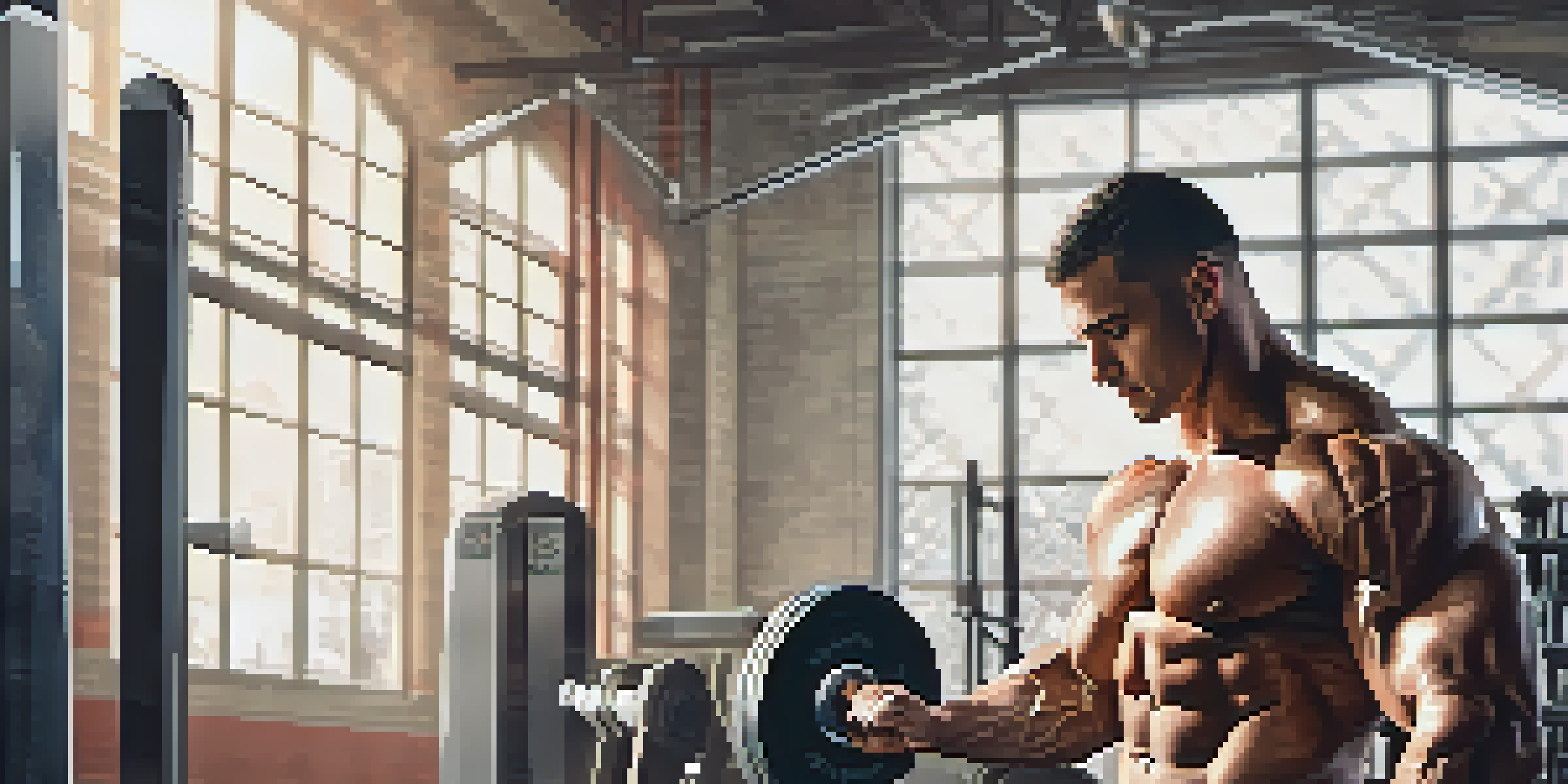 A bodybuilder looking at a DNA test report in a gym, surrounded by fitness equipment.