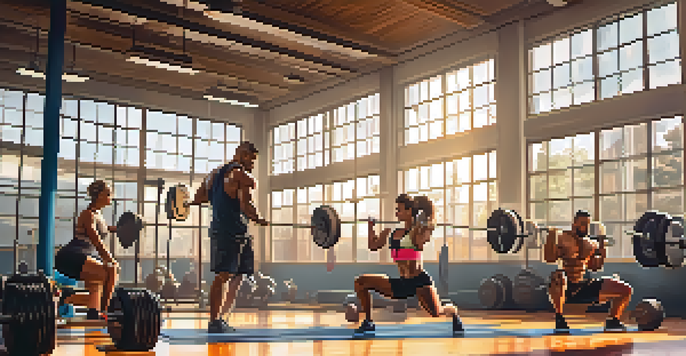 A diverse group of individuals in a gym lifting weights, with sunlight creating a warm and energetic atmosphere.