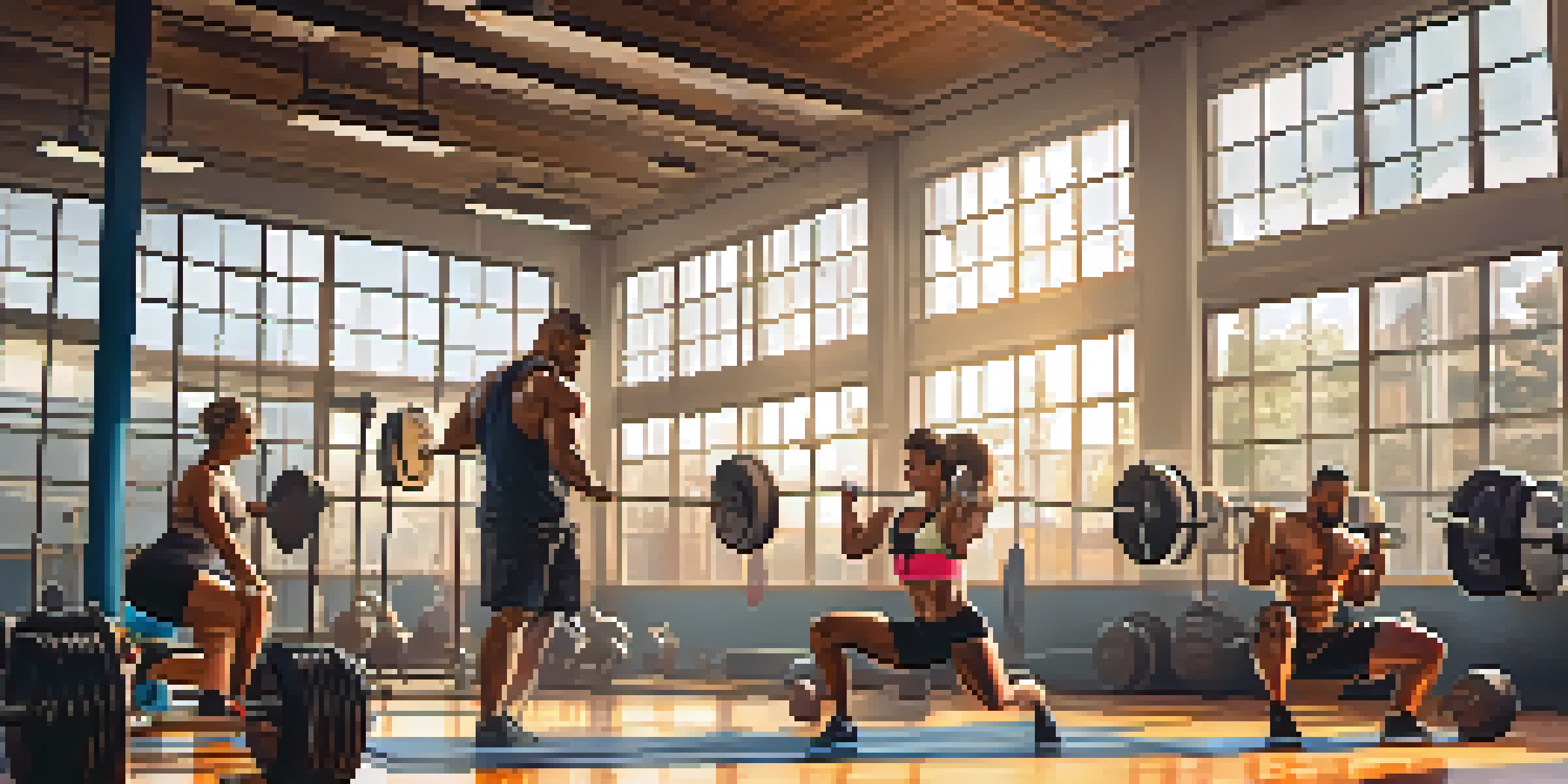A diverse group of individuals in a gym lifting weights, with sunlight creating a warm and energetic atmosphere.