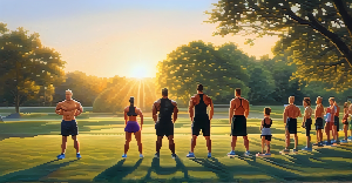 A diverse group of athletes training outdoors at sunrise, showcasing dedication and discipline in a natural setting.