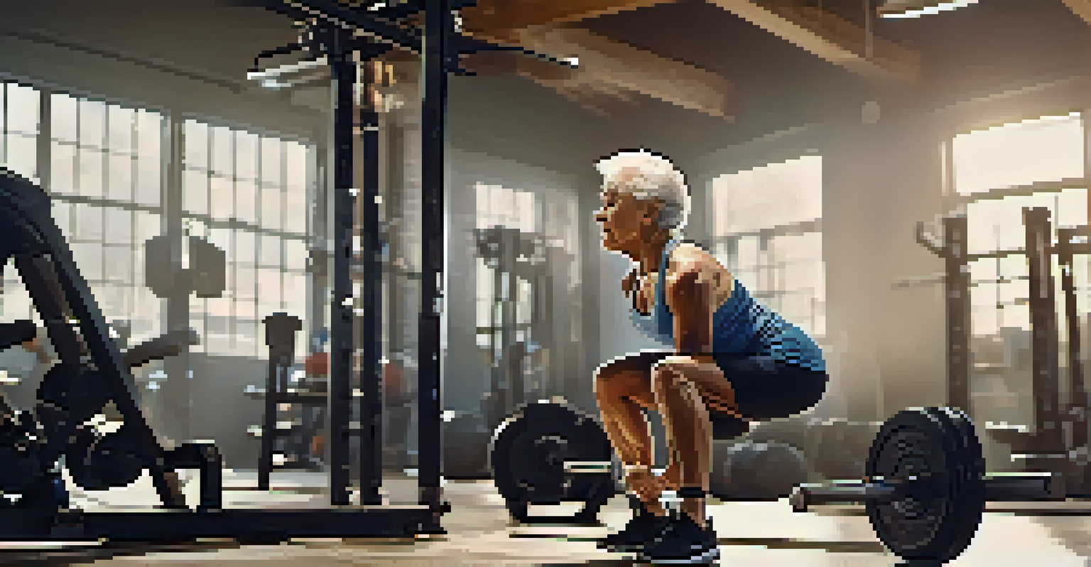 An older adult doing squats in a gym, surrounded by gym equipment, with a focused expression.
