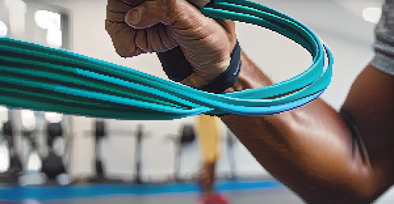 A close-up of a hand gripping a colorful resistance band, with a blurred fitness studio background and dramatic lighting.