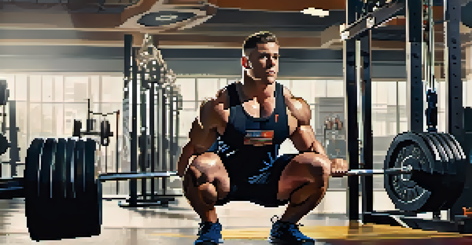A powerlifter squatting heavy weights in a gym, demonstrating focus and strength.
