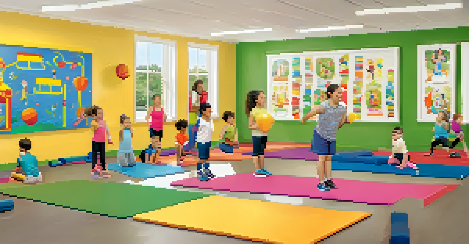 A friendly instructor leading a group of children in a fun indoor fitness class, demonstrating bodyweight exercises in a colorful and motivational setting.