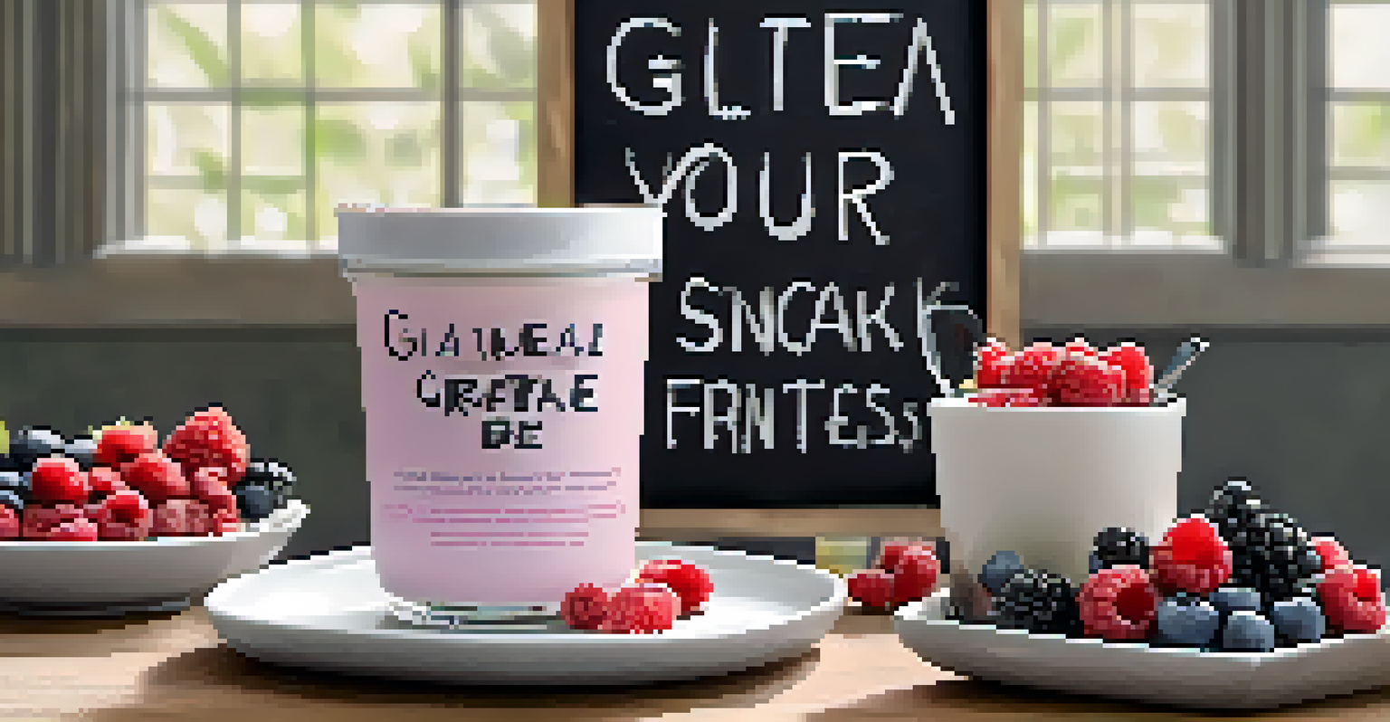 A close-up of a gluten-free snack table with Greek yogurt, berries, and granola, against a backdrop of motivational fitness quotes.