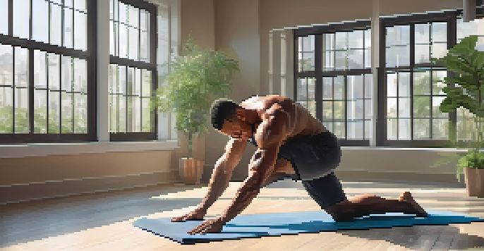 A bodybuilder stretching in a calming yoga studio filled with natural light and plants, emphasizing the importance of flexibility training.