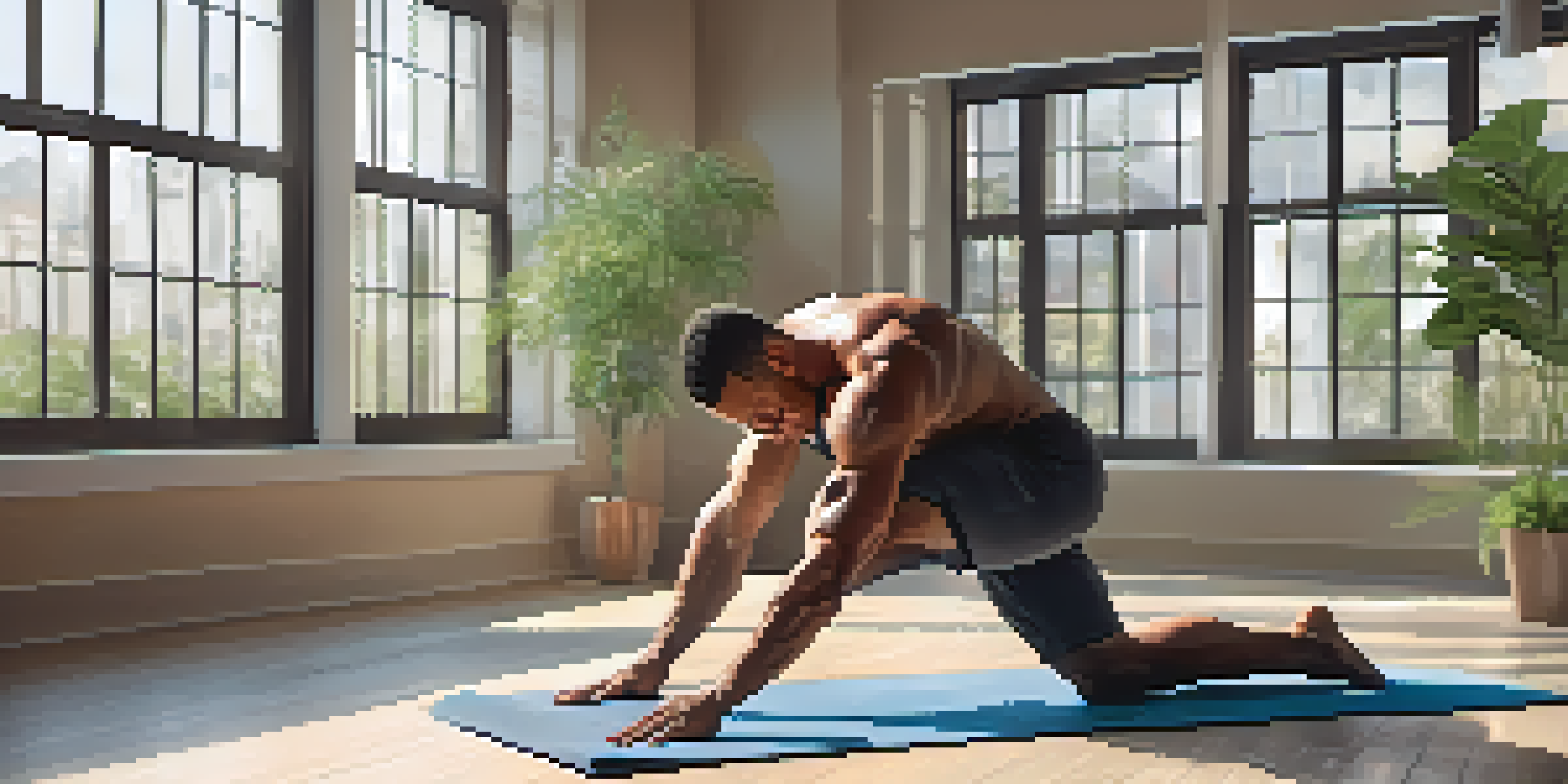 A bodybuilder stretching in a calming yoga studio filled with natural light and plants, emphasizing the importance of flexibility training.