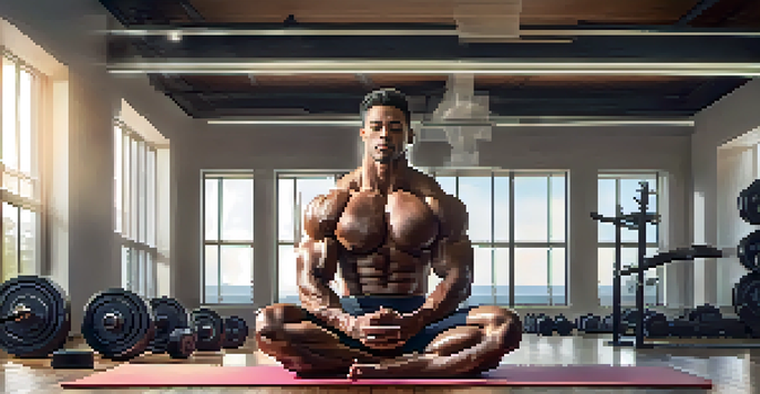 A bodybuilder sitting peacefully on a yoga mat in a bright gym, practicing affirmations with weights in the background.