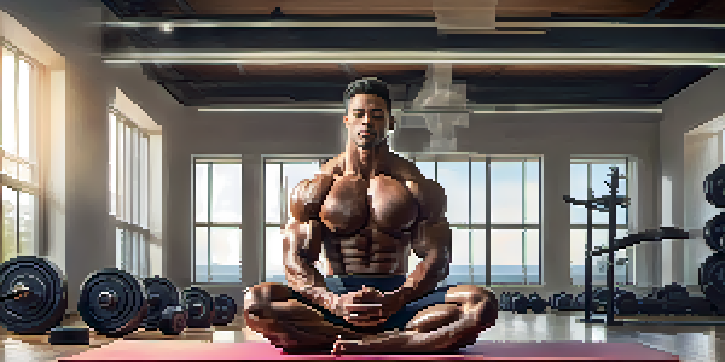A bodybuilder sitting peacefully on a yoga mat in a bright gym, practicing affirmations with weights in the background.