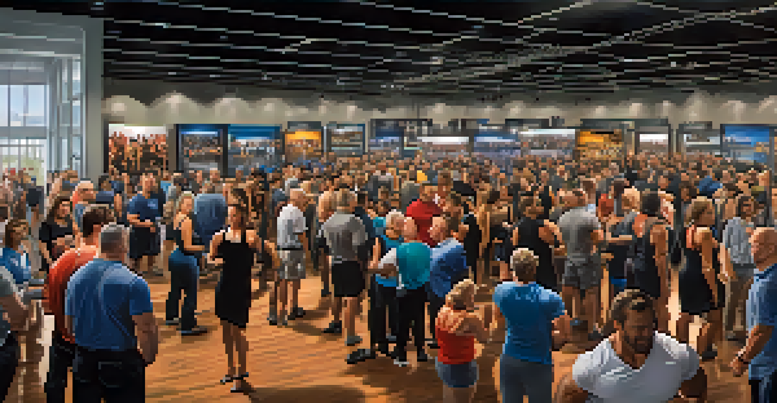 A vibrant networking event for bodybuilders with groups discussing fitness and nutrition in a warm and inviting atmosphere.