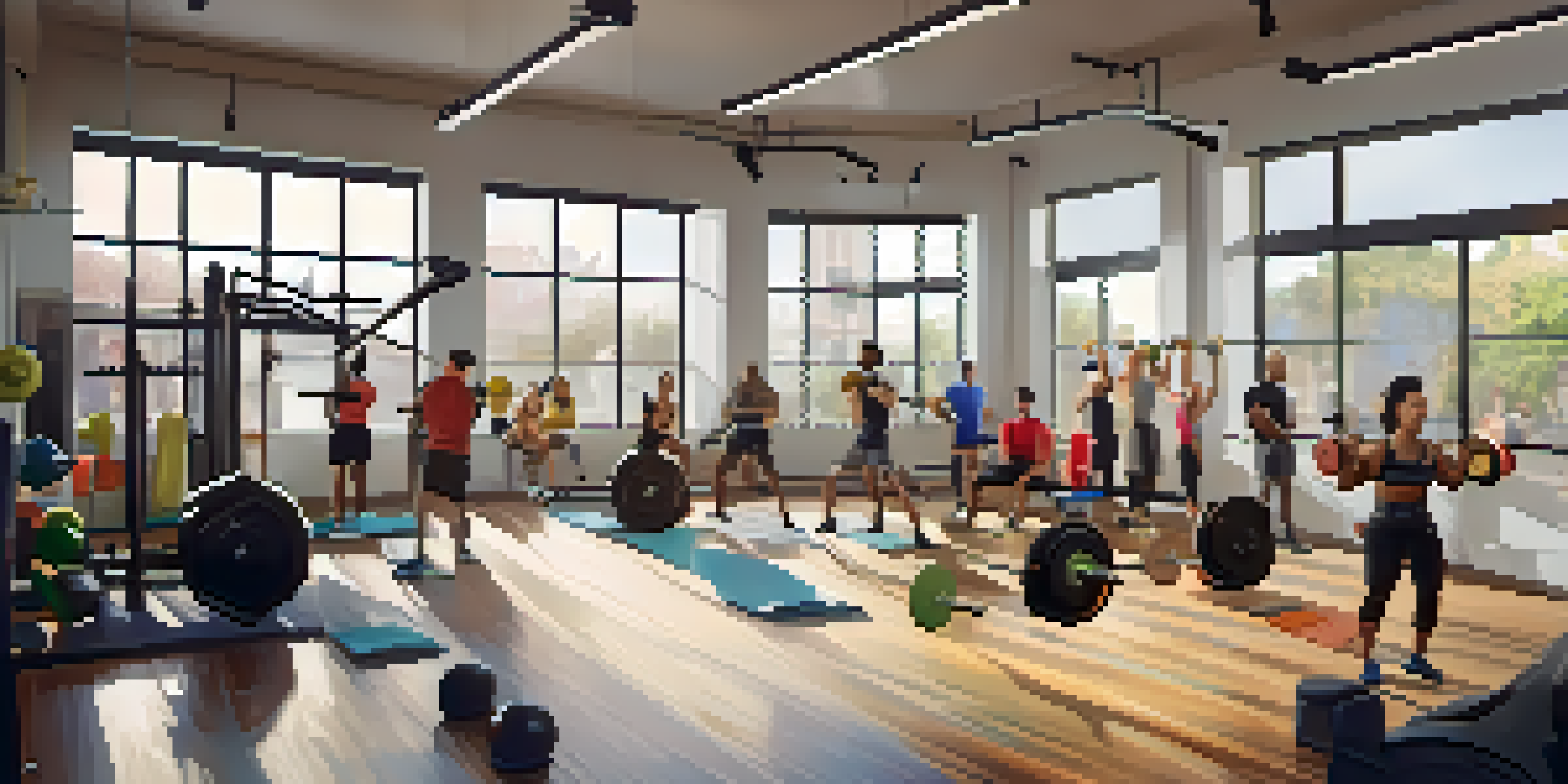 A diverse group of individuals lifting lighter weights in a bright fitness studio, focused and motivated.