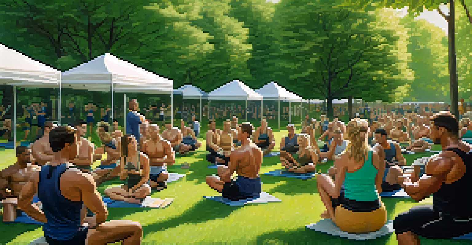 Bodybuilders in a park sharing fitness tips and supporting each other in an outdoor community gathering.