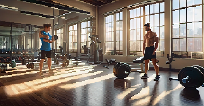 A gym interior with workout equipment and a trainer demonstrating lifting technique to a client.