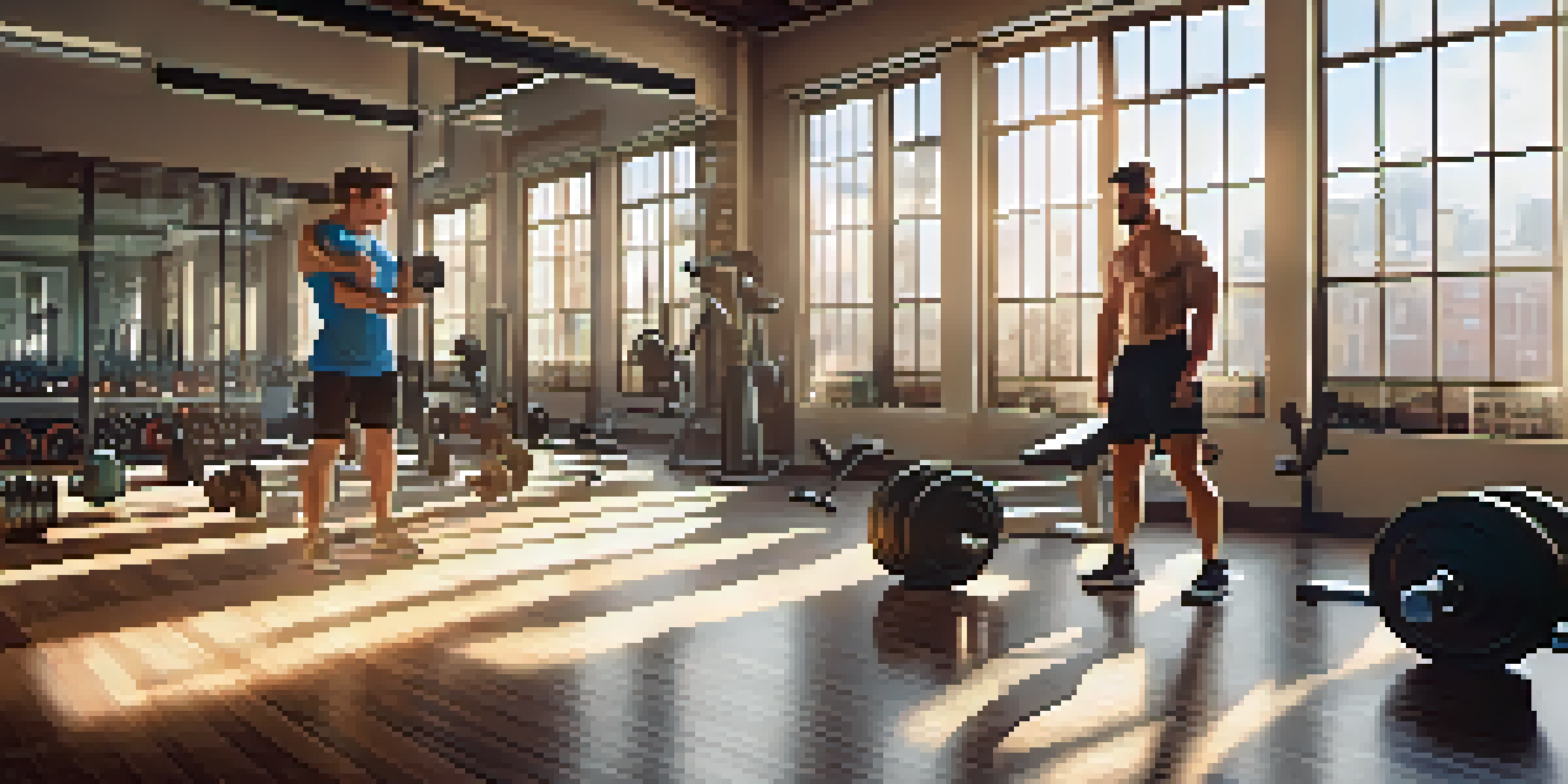 A gym interior with workout equipment and a trainer demonstrating lifting technique to a client.