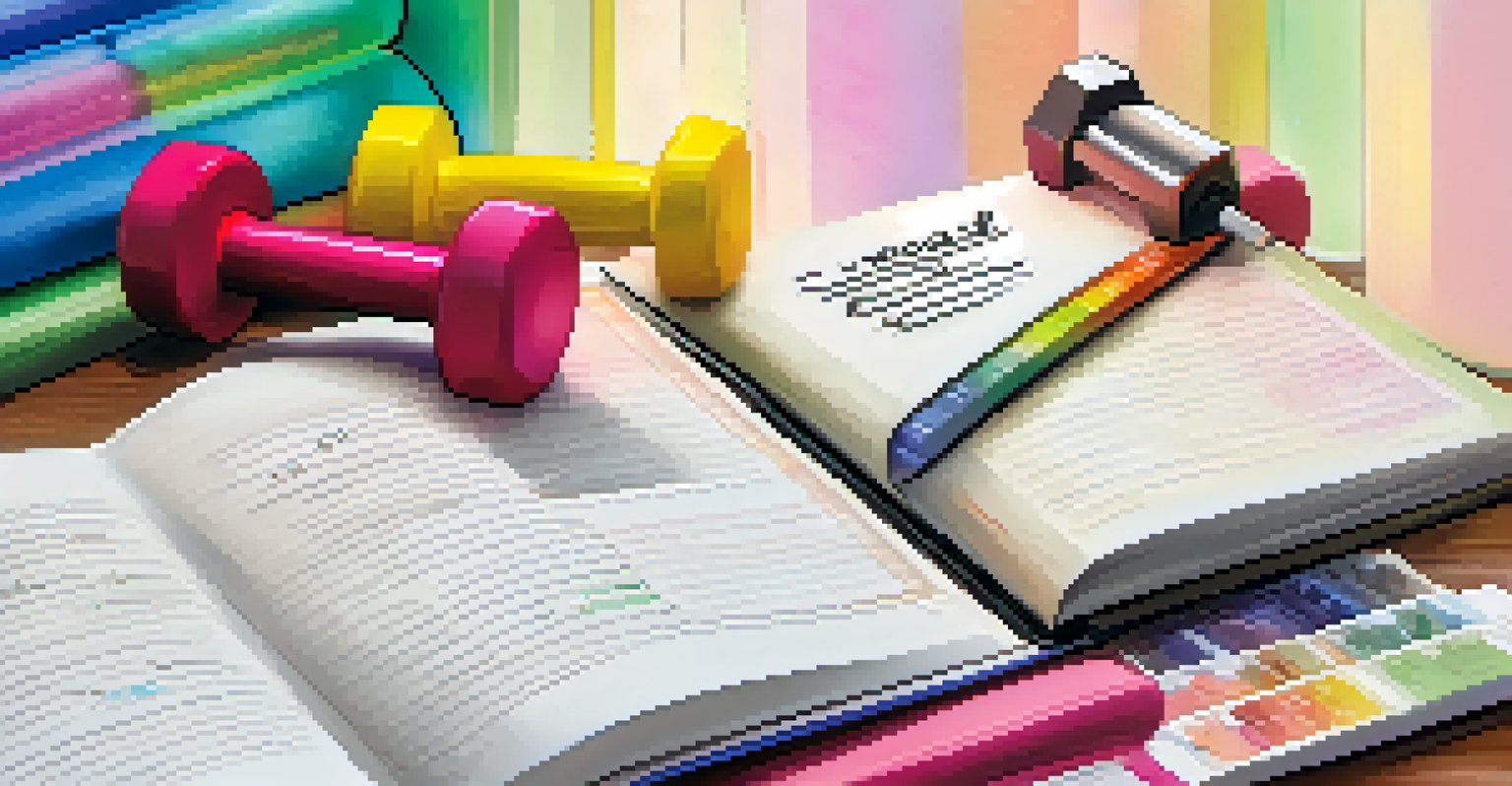 An open fitness journal displaying SMART goals for bodybuilding, with dumbbells and a water bottle in the background.