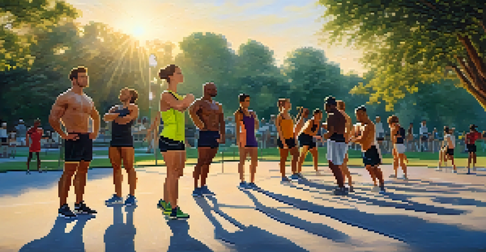 A group of athletes stretching together in an outdoor gym at sunrise, with trees and a clear blue sky in the background.