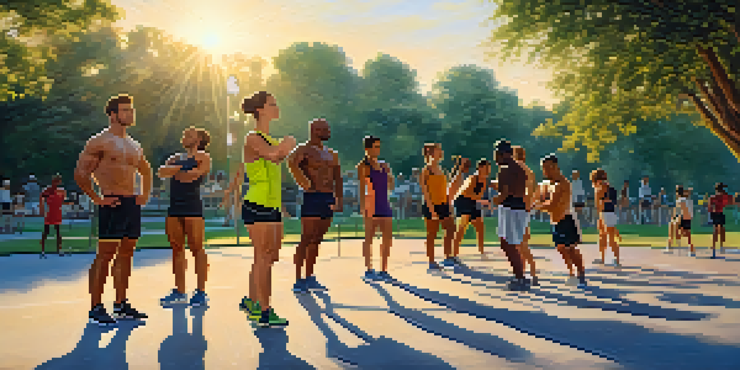 A group of athletes stretching together in an outdoor gym at sunrise, with trees and a clear blue sky in the background.