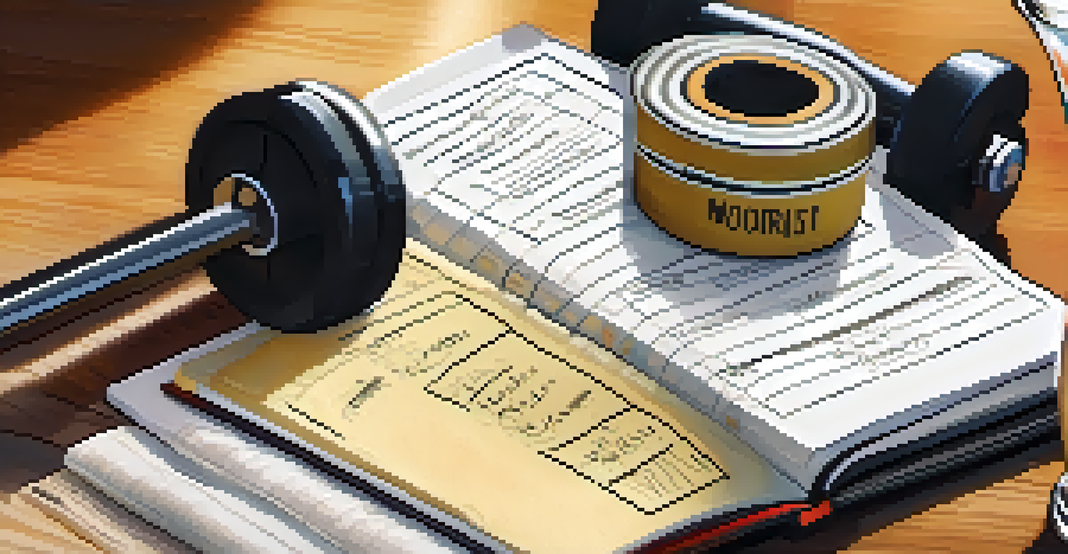 A close-up of an open fitness journal filled with goals and plans, surrounded by a water bottle and dumbbells in warm lighting.