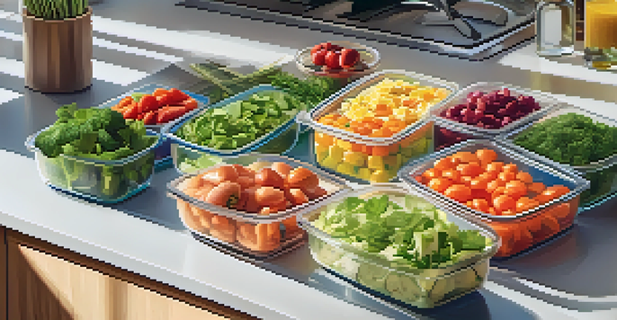 A kitchen scene with organized meal prep containers filled with colorful, healthy food.