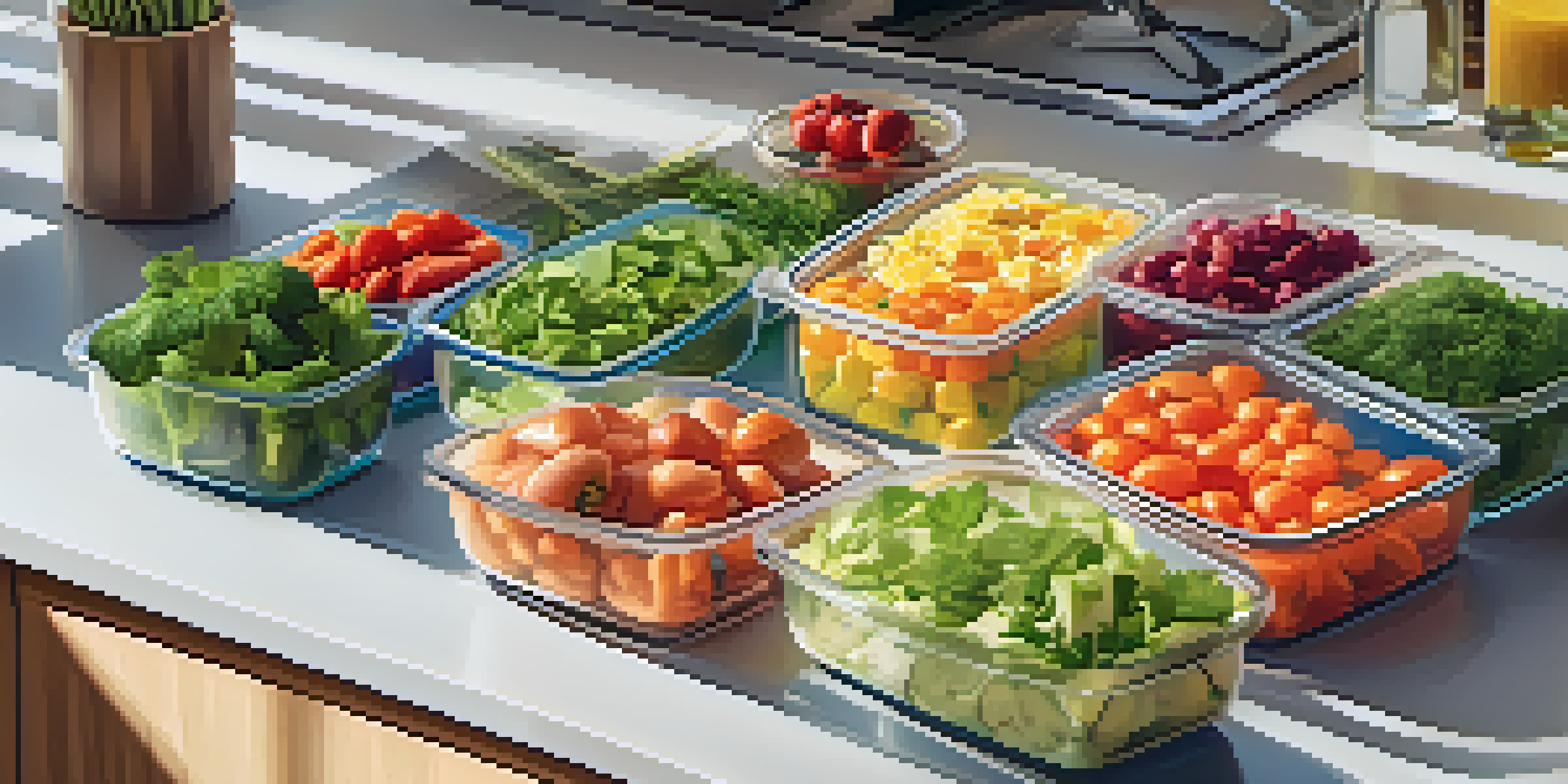 A kitchen scene with organized meal prep containers filled with colorful, healthy food.