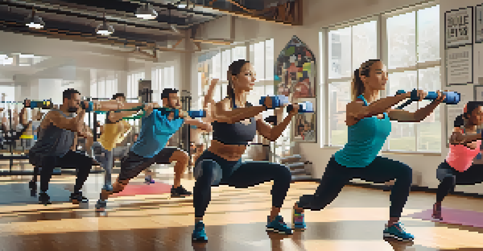 A fitness instructor demonstrating a lunge with resistance bands in a well-lit gym, with participants following in the background.