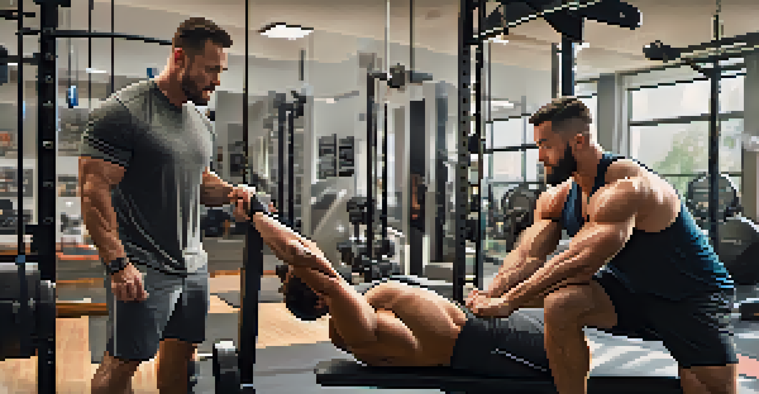 A personal trainer showing a client how to lift weights correctly in a well-lit gym, conveying a sense of support and motivation.
