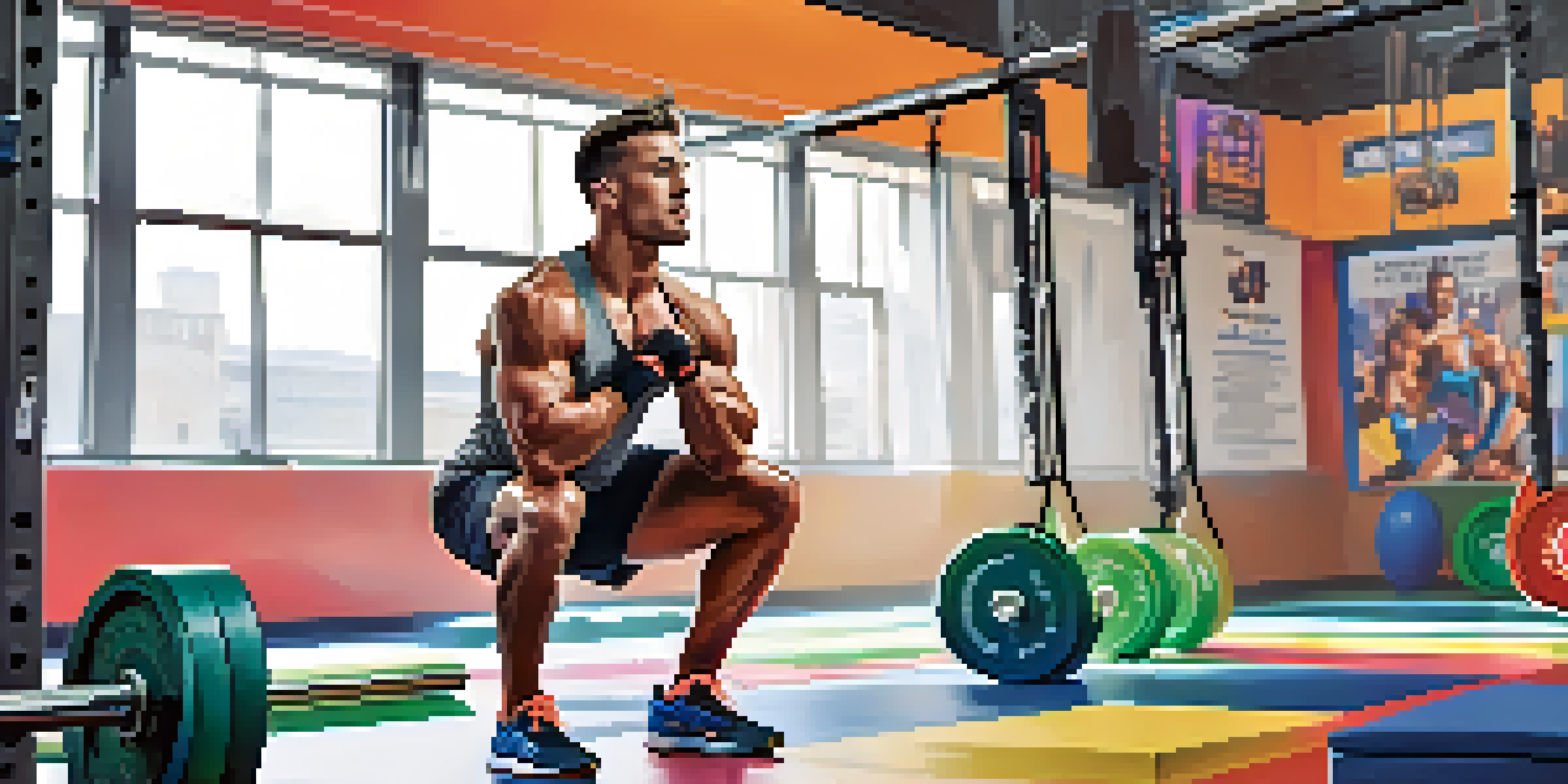 An athlete performing a squat in a well-lit gym surrounded by colorful equipment and motivational posters.
