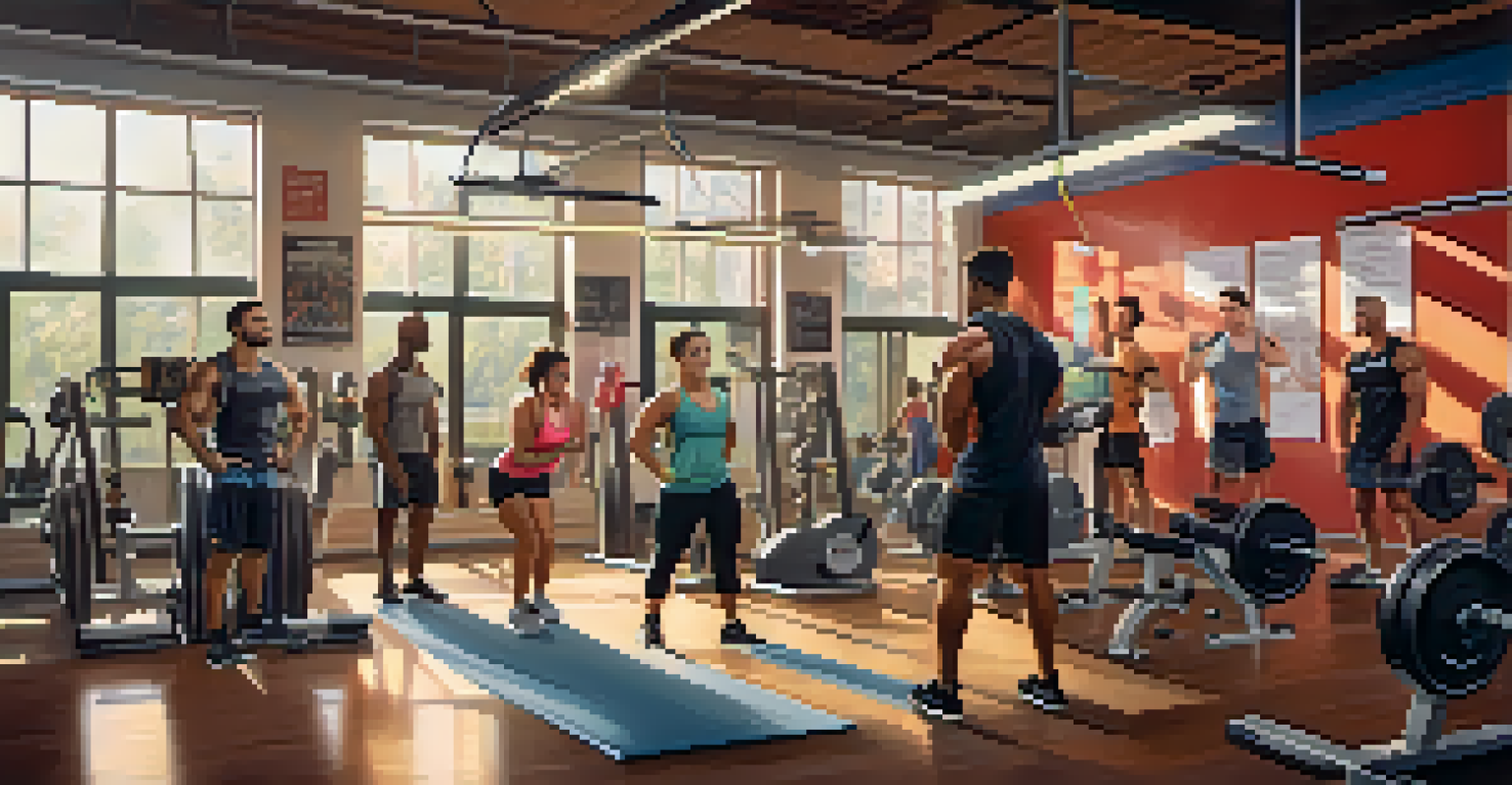 A gym scene showing individuals supporting each other during a workout, highlighting teamwork and motivation.