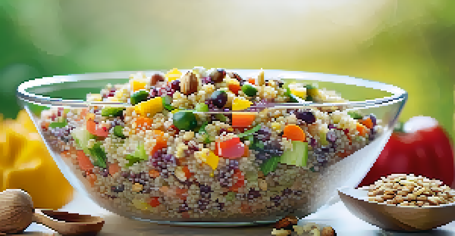 A quinoa salad with diced vegetables and nuts in a glass bowl, set against a bright background.