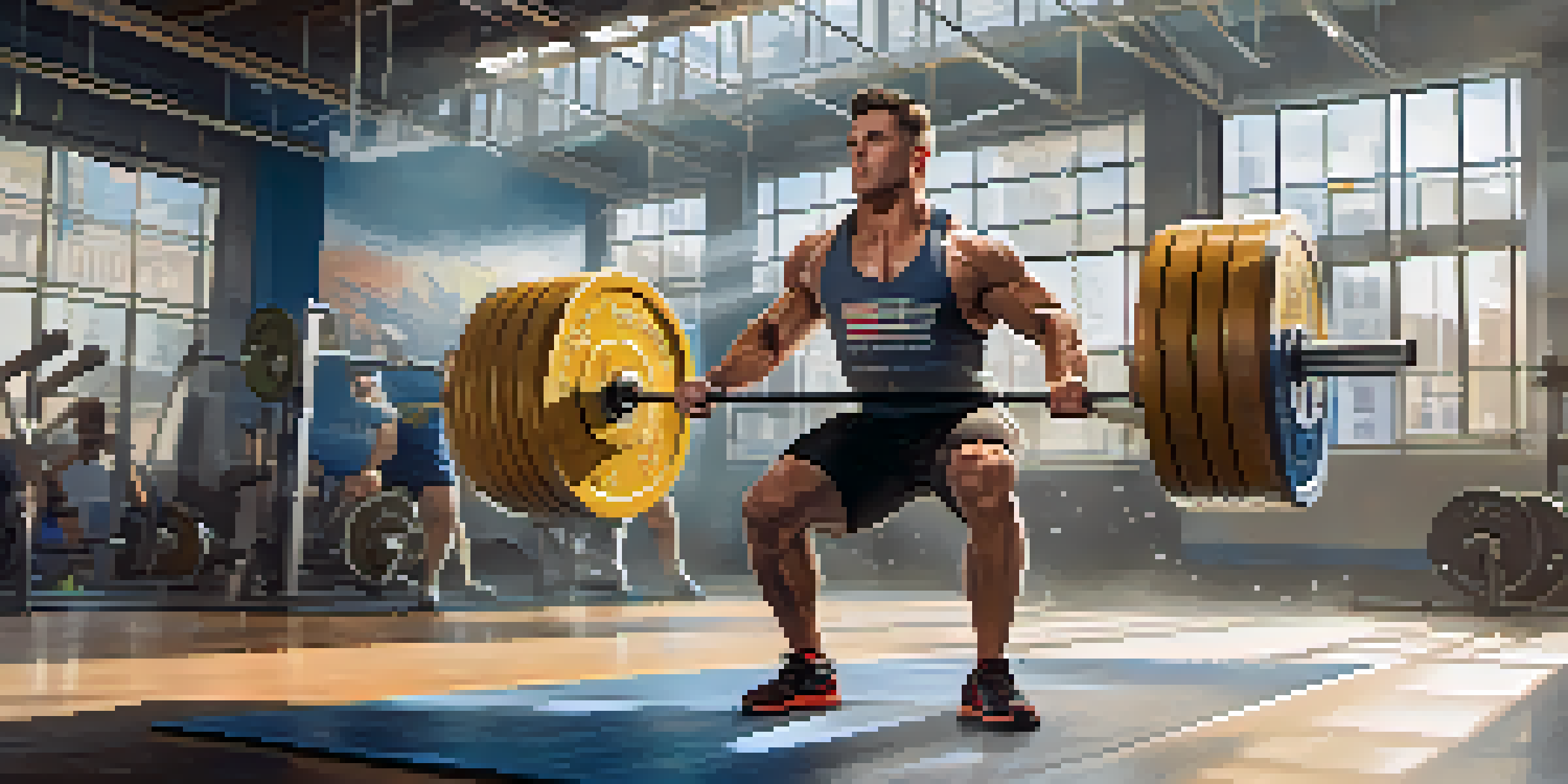 An athlete in a gym performing a clean and jerk lift with a barbell overhead, showcasing strength and focus.
