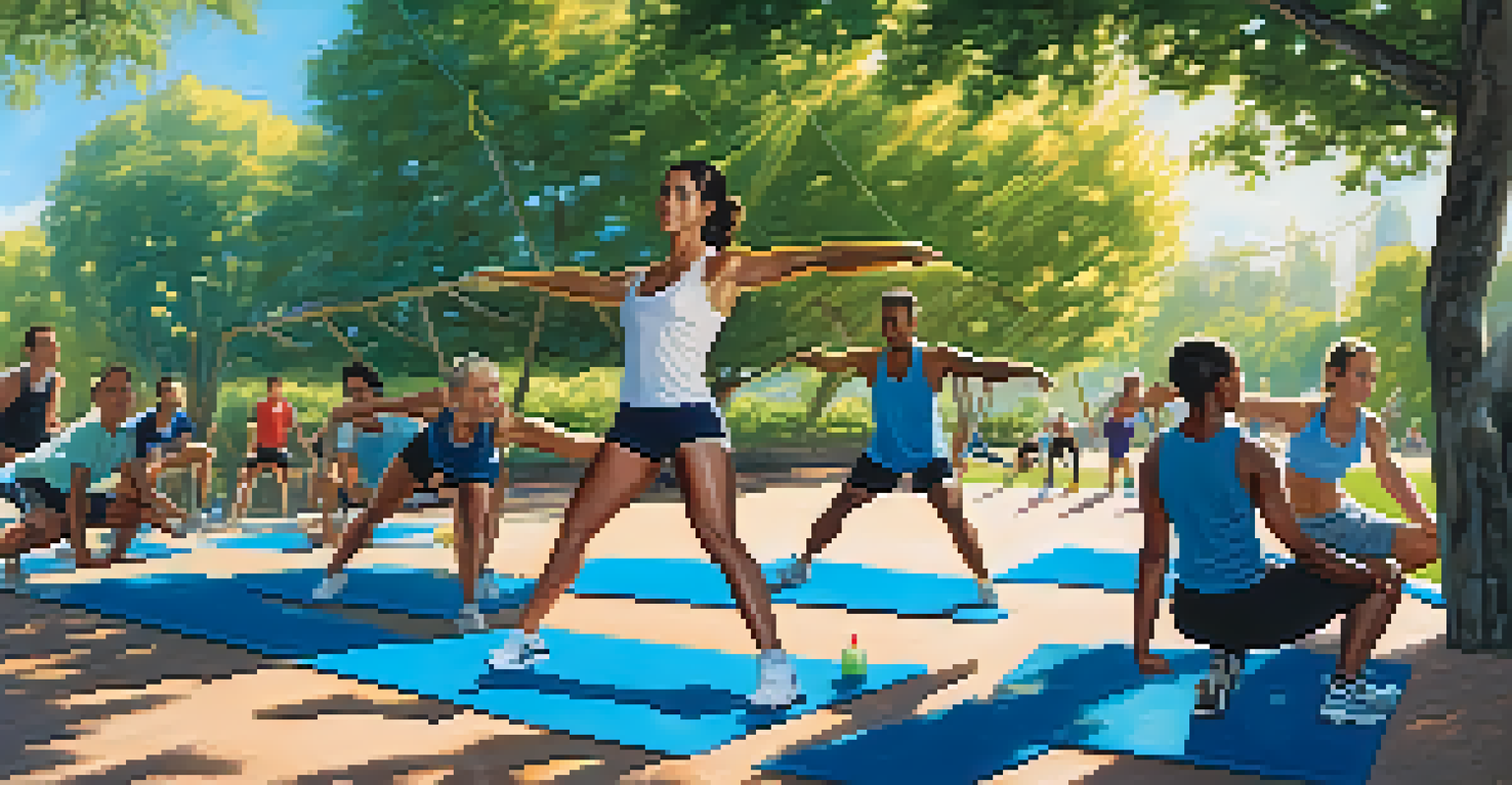 A personal trainer leading a warm-up routine in an outdoor gym with trainees following along under a bright sky.