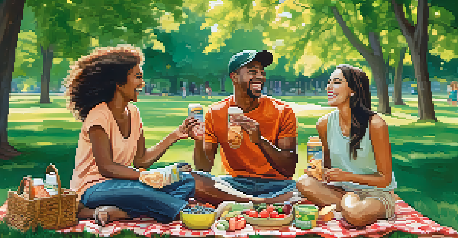 A group of friends enjoying a picnic with healthy snacks in a scenic park, sharing laughter and food on a blanket.
