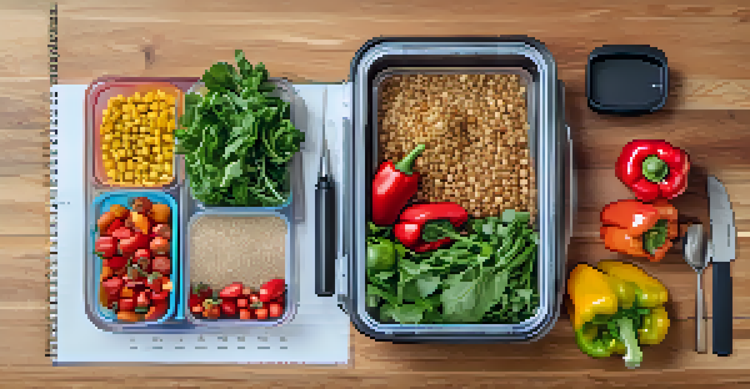 An overhead view of a meal prep planner on a wooden table with fresh ingredients and kitchen tools around it.