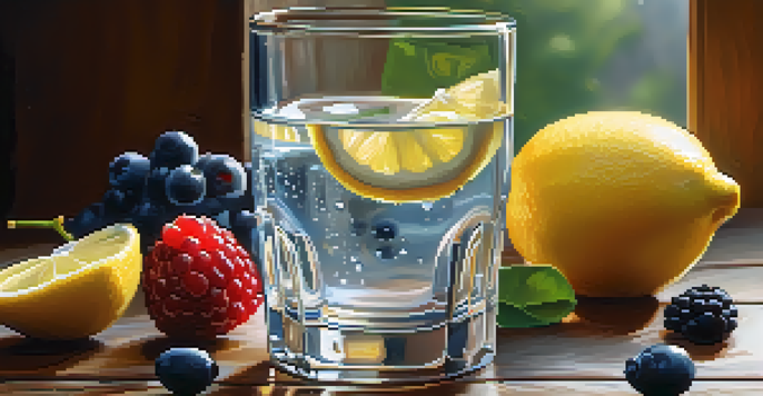 A glass of water with condensation on a wooden table, surrounded by fresh fruits like lemon and berries, under soft natural light.
