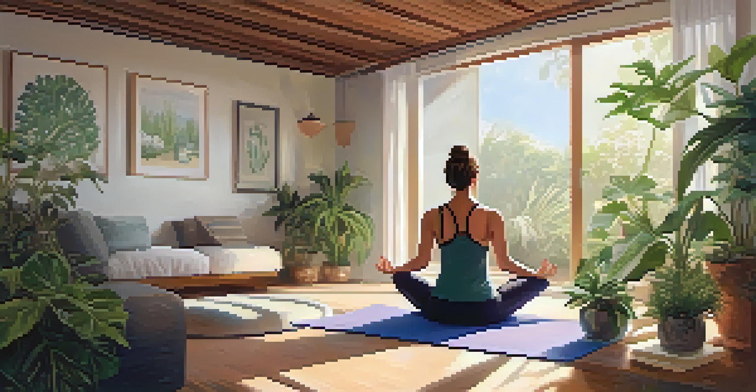 A person practicing yoga in a softly lit room filled with plants and calming decor.