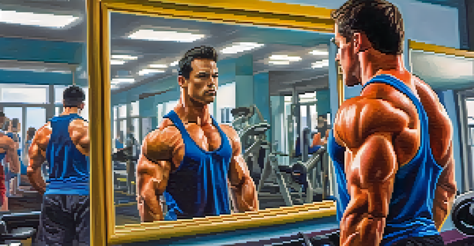 A bodybuilder in a gym examining their reflection in a mirror, showcasing determination and focus.