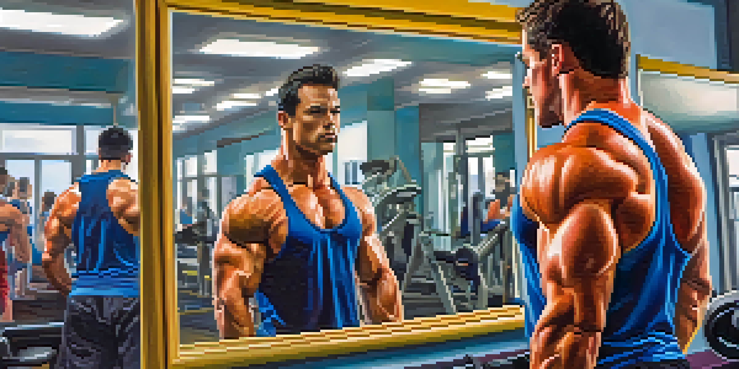 A bodybuilder in a gym examining their reflection in a mirror, showcasing determination and focus.
