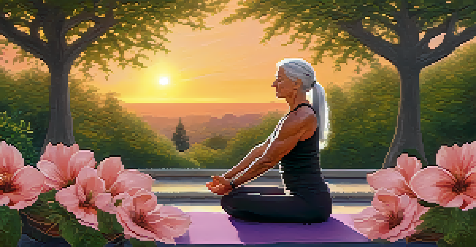 An older woman with silver hair practicing yoga in a park during sunset, showcasing strength and tranquility.