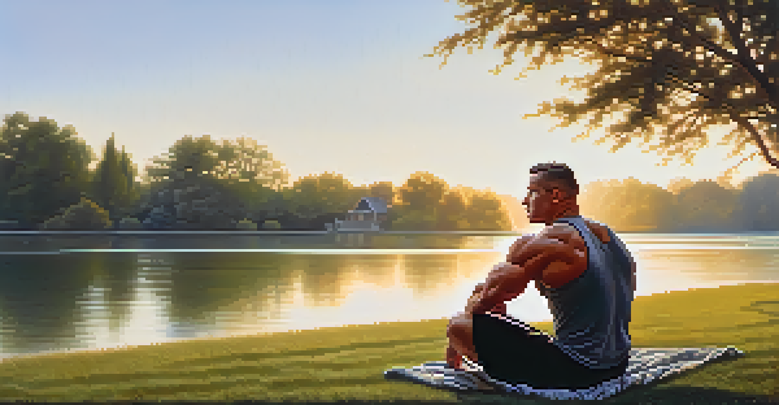A bodybuilder practicing focused breathing outdoors in a park at sunrise, surrounded by nature and soft morning light.