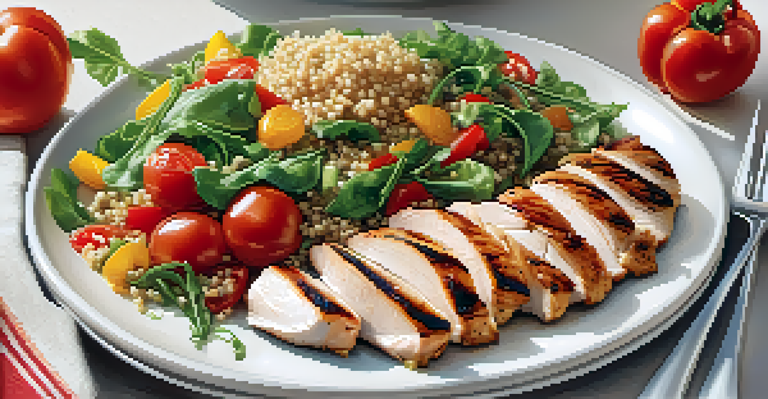 A close-up of a healthy meal plate with grilled chicken, salad, and quinoa.