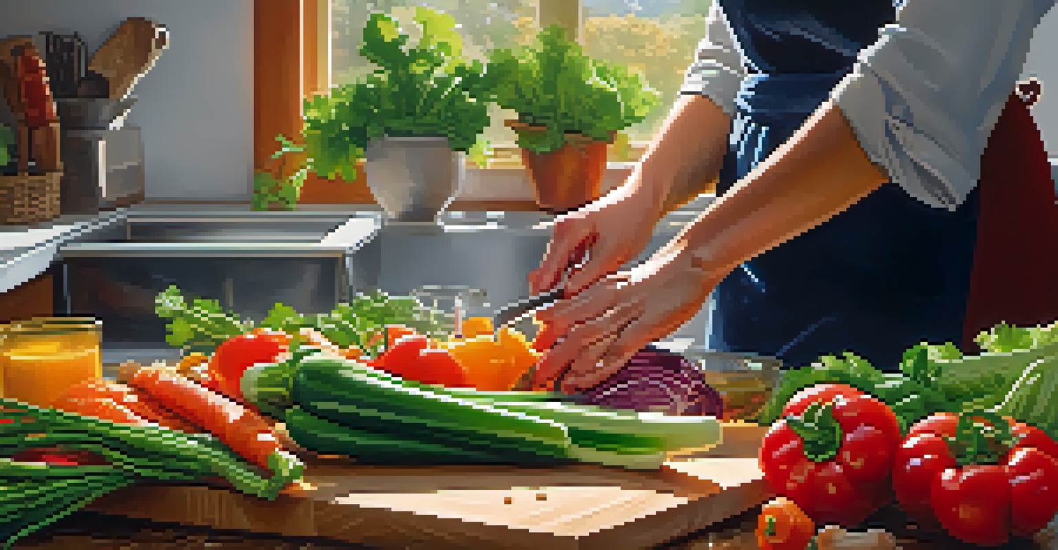 A person chopping organic vegetables on a cutting board, surrounded by fresh produce and eco-friendly kitchen tools, with sunlight creating a warm atmosphere.