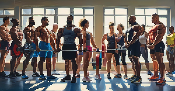 A diverse group of bodybuilders training together in a bright gym, showcasing various body types and ethnic backgrounds.