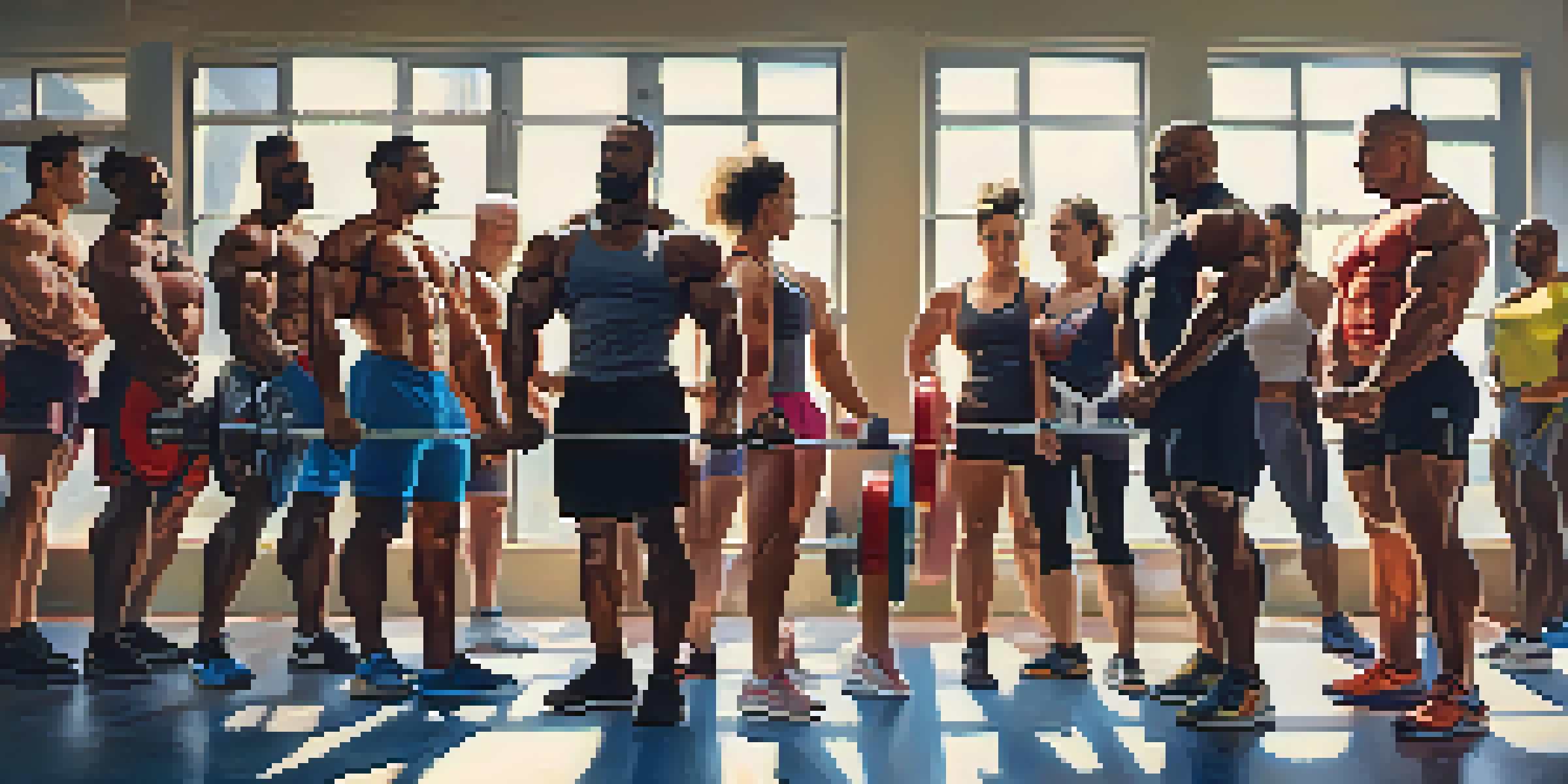 A diverse group of bodybuilders training together in a bright gym, showcasing various body types and ethnic backgrounds.