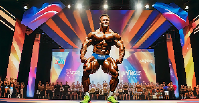 A bodybuilder posing on stage with visible muscle definition, surrounded by a cheering crowd and colorful lights.
