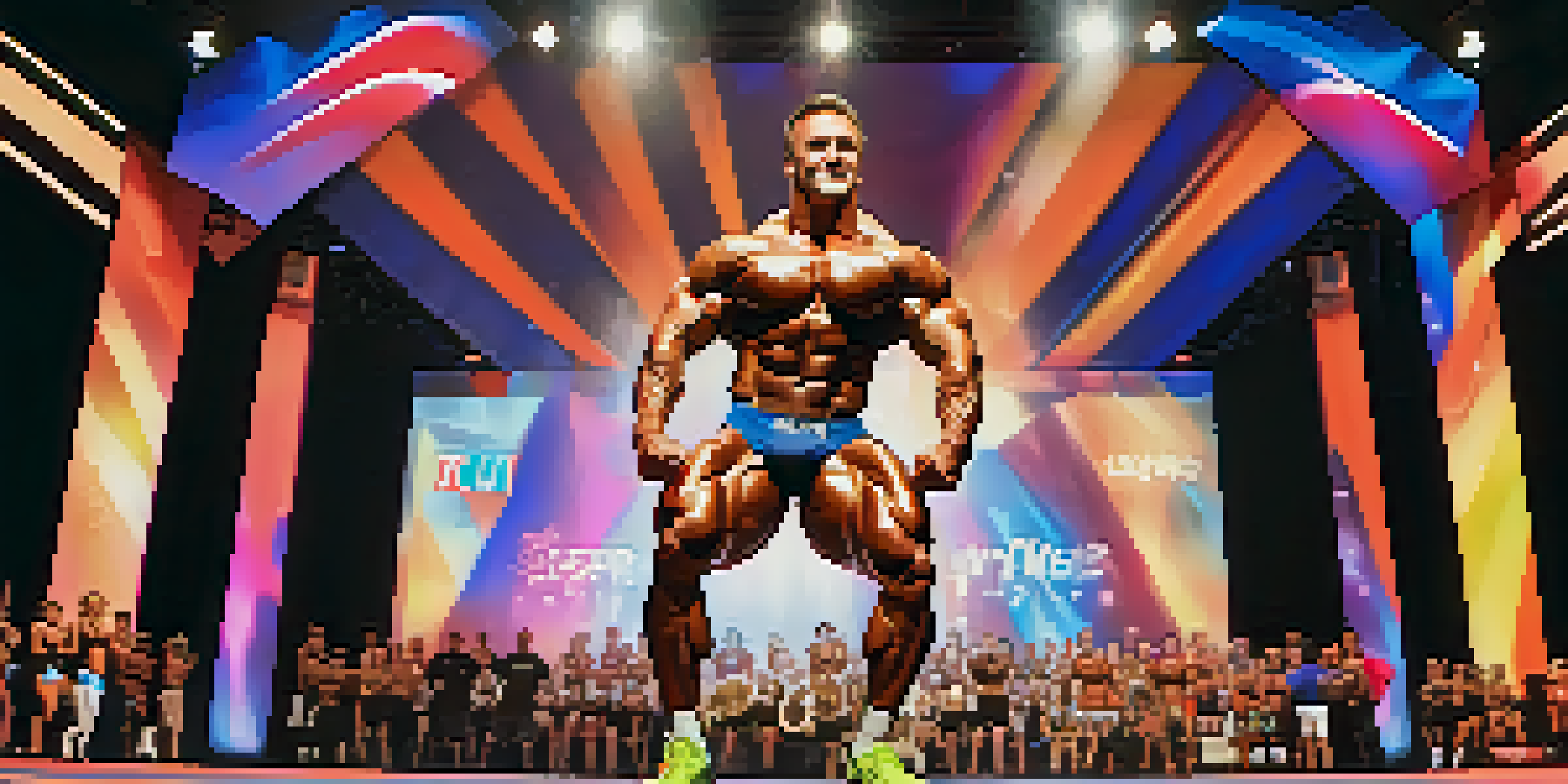 A bodybuilder posing on stage with visible muscle definition, surrounded by a cheering crowd and colorful lights.