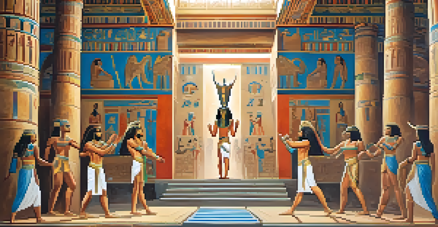 Ancient Egyptians engaging in gymnastics and dance within a temple, adorned with hieroglyphs and colorful murals.