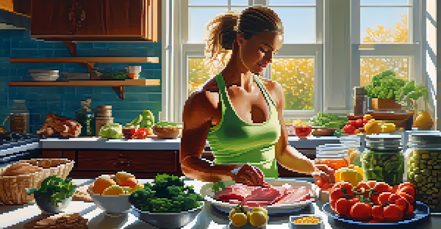 A female bodybuilder preparing a healthy meal in a bright kitchen filled with fresh ingredients.