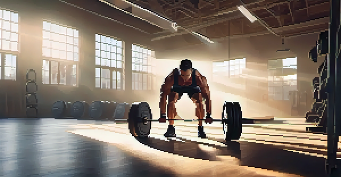 A person lifting a heavy weight in a gym, muscles defined and glistening, with gym equipment and natural light in the background.